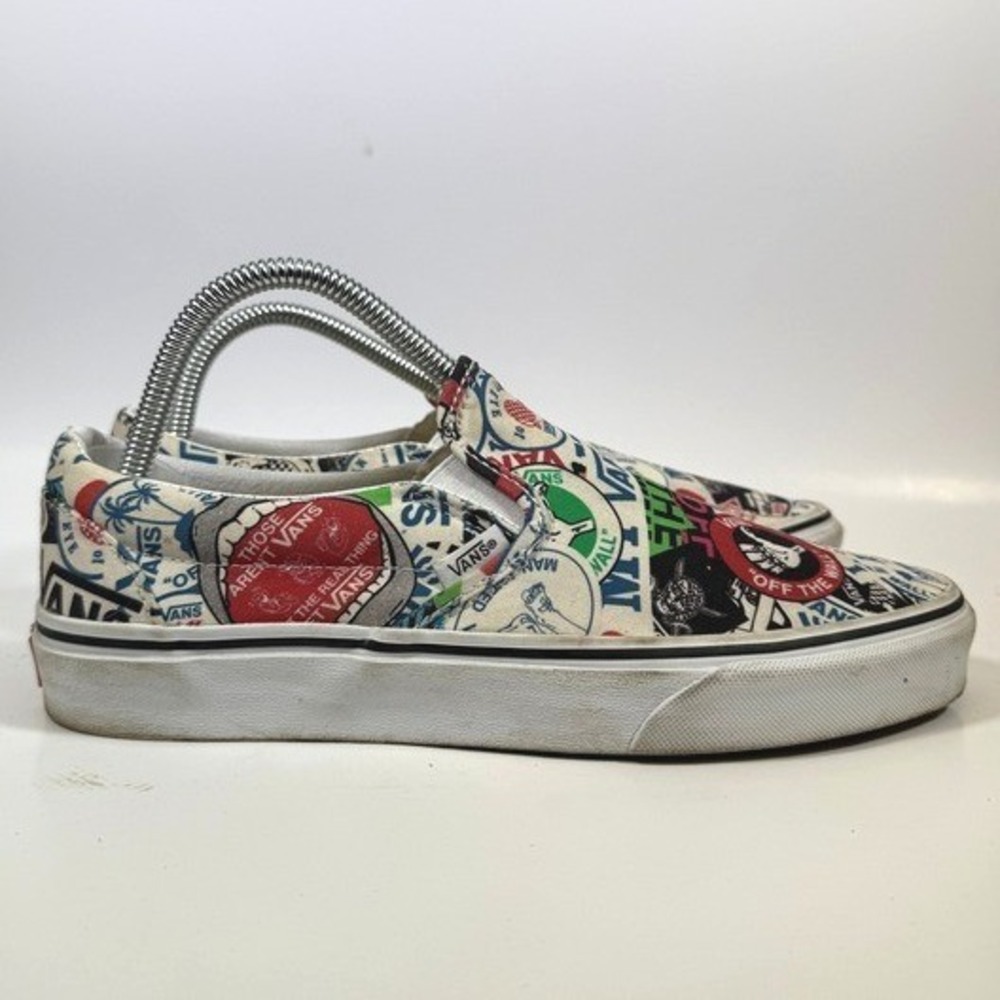 Vans Sticker Mashup Print Unisex Slip on Skater Sneakers Size Mens 8 Womens 9.5